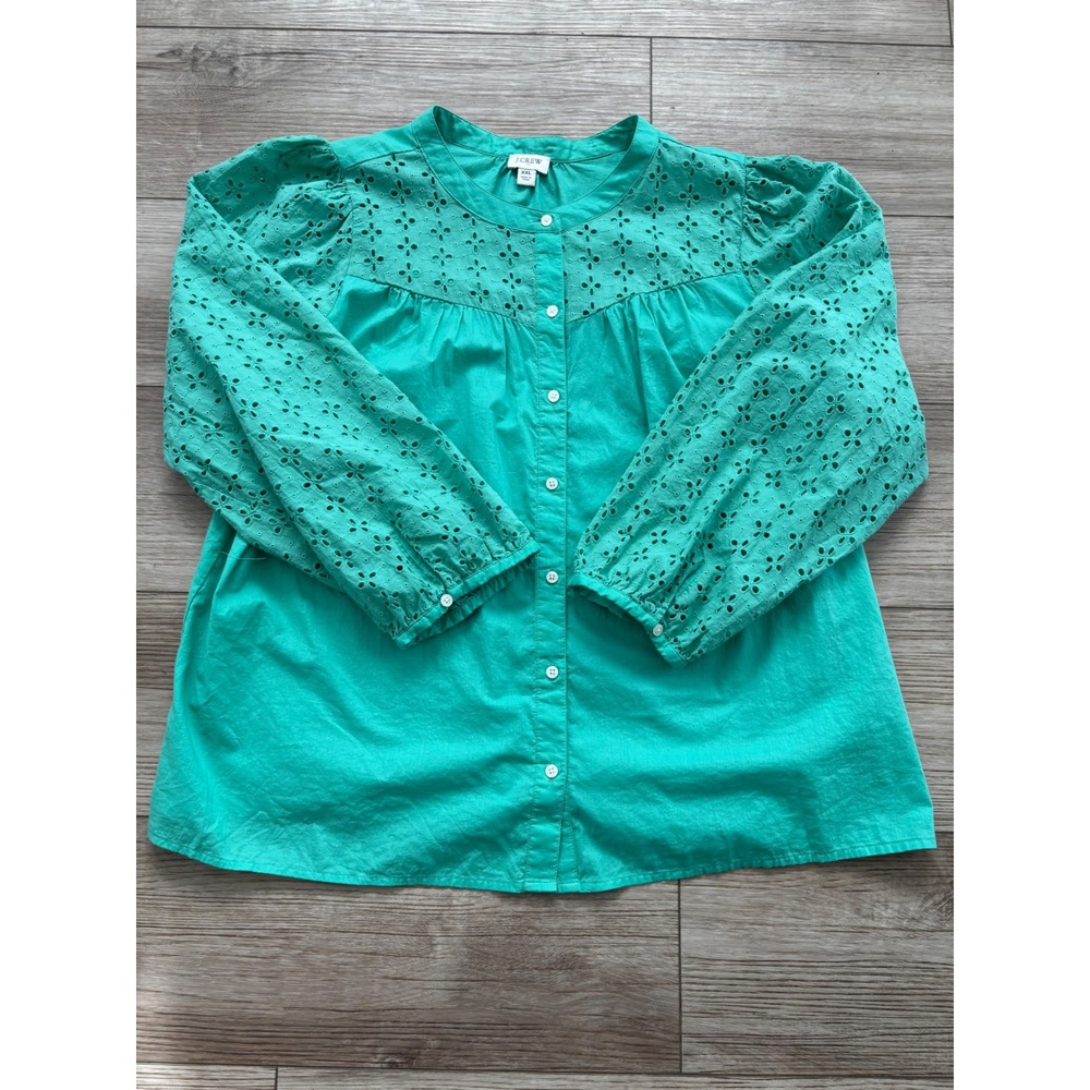 J.Crew Womens XXL Green Eyelet Embroidered Balloon Sleeve Cotton Blouse Top Boho